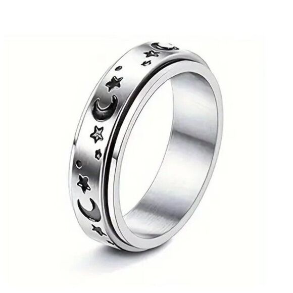 Stainless Steel Spinner Fidget Ring Celstial Anxiety ADHD Moon Stars Etched sz 7 - Picture 1 of 4